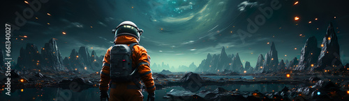 Astronaft In An Orange Suit On A Cold, Inhospitable Planet. Illustration On The Theme Of Space And Travel, Fantasy And Science, Technology. Generative AI	
