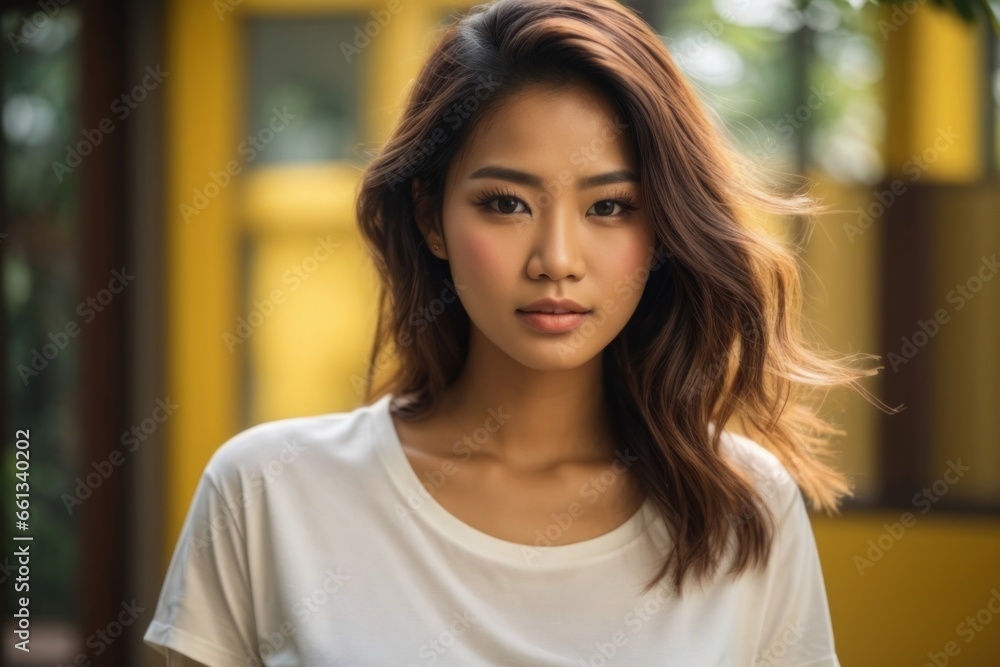 portrait of a young gorgeous thai women with white mock up shirt and orange studio background
