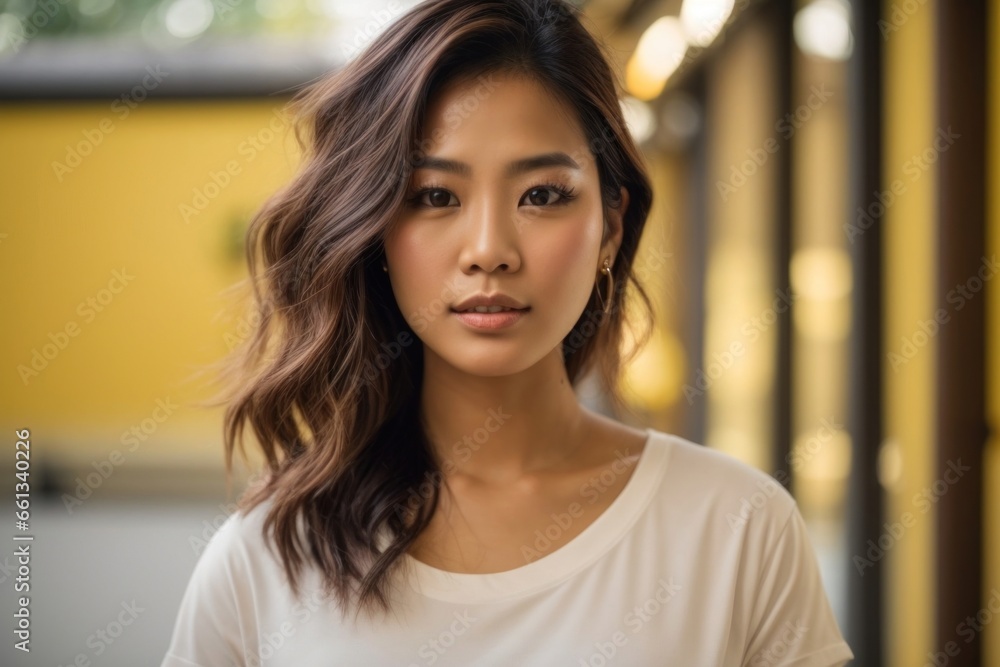 portrait of a young gorgeous thai women with white mock up shirt and orange studio background portrait of a young gorgeous thai women with white mock up shirt and orange studio background