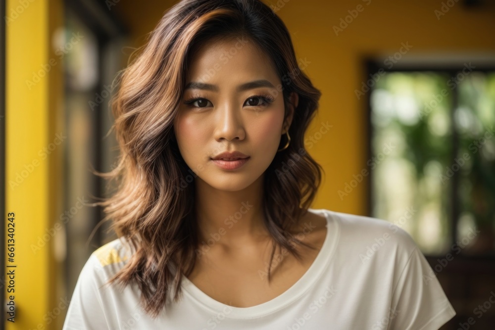 portrait of a young gorgeous thai women with white mock up shirt and orange studio background portrait of a young gorgeous thai women with white mock up shirt and orange studio background