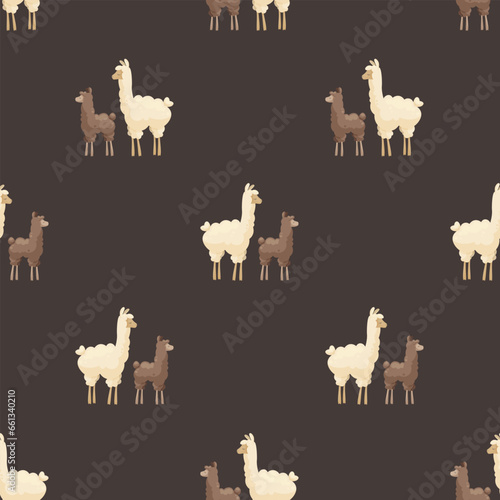 Seamless pattern with cute mother llama and baby on dark background. Mother alpaca with baby alpaca. Creative kids, childish background. For textile, fabric, clothing, wrapping paper.