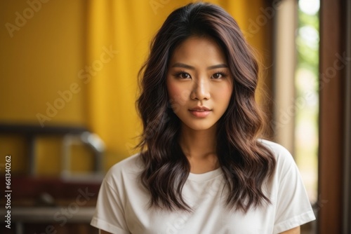 portrait of a young gorgeous thai women with white mock up shirt and orange studio background © 2D_Jungle