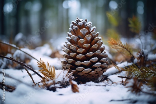 pinecone on a bed of snowy forest floor