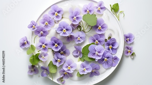 Photography of violets on a smooth porcelain plate, highlighting the delicate nature of the flowers. Top view, flat lay.