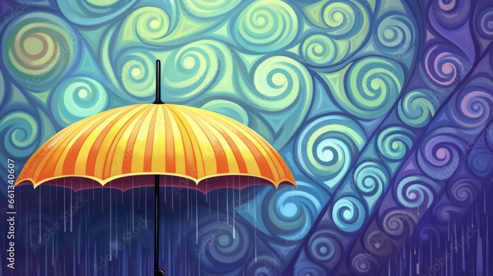 Soothing Rain: Light, abstract, and colorful shapes resembling raindrops gently cascading upon a non-detailed umbrella, representing protection and calm amidst emotional downpour