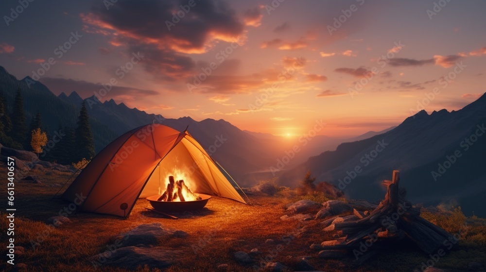 camping in the mountains at sunset Created with AI
