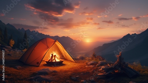 camping in the mountains at sunset Created with AI