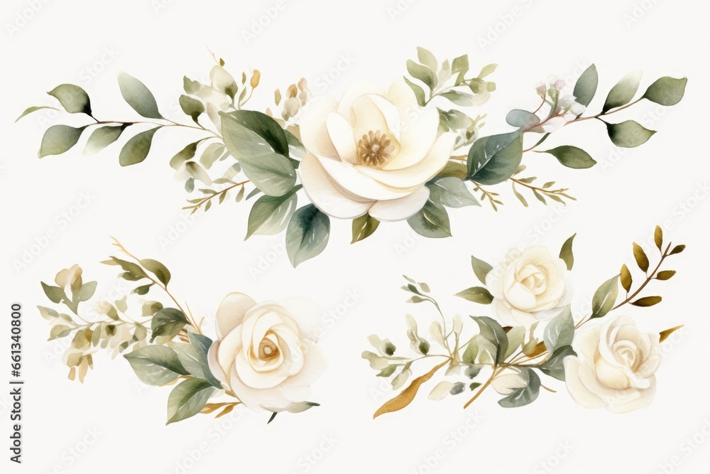 Watercolor floral illustration with white flowers. Perfect for textile or wallpaper design. - obrazy, fototapety, plakaty 