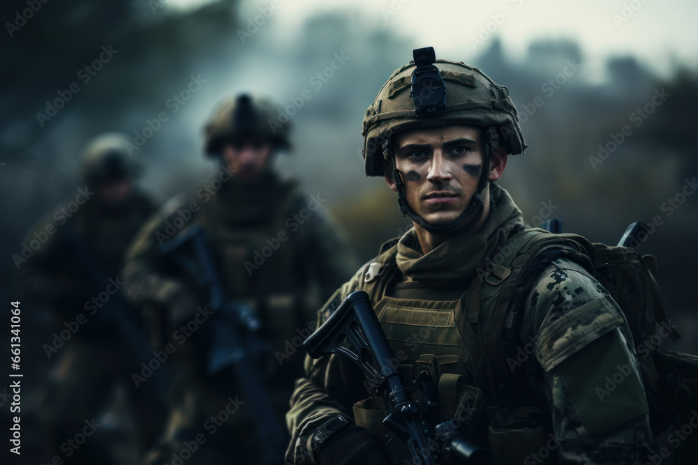 Naklejka premium Determined soldier with team in forested battleground.