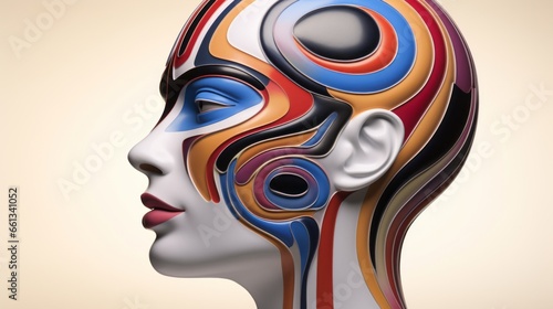 Abstract Mind  Simplistic representation of a human head with abstract  soft-shape elements inside  indicating various thoughts and emotions without detailed facial features.