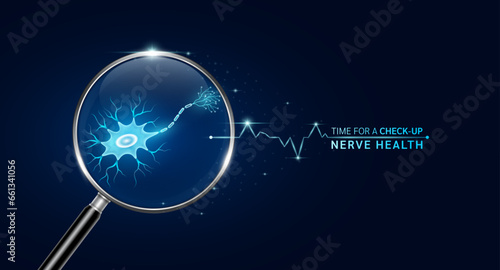 Nerve in magnifying glass with scan search. Health care medical check up too innovative futuristic digital technology. Body health checkup examining organ and blue glowing neon heart pulse. Vector.