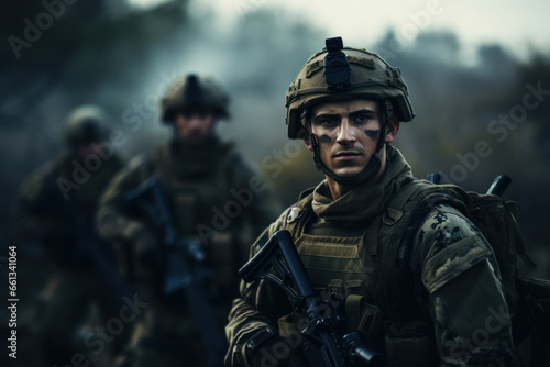 Determined soldier with team in forested battleground. © Anna