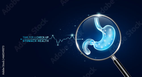Stomach inside magnifying glass with scan search and blue glowing neon heart pulse. Health care and medical check up too innovative digital technology. Body health checkup examining organ. Vector.