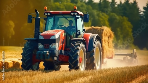 Agricultural tractor working on a wheat field in the summer