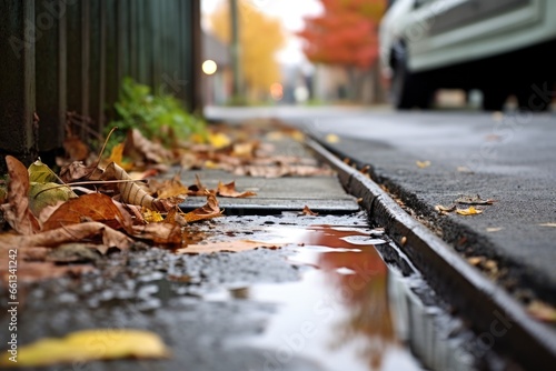 a street gutter, directing rainwater into a filtration drain