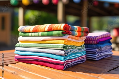 folded multi-colored beach towels stacked on an outdoor table