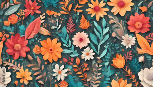 Seamless pattern with colorful flowers and leaves in paper form.