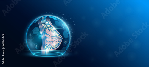 Female breast inside transparent dome shield protection futuristic with medical icon. Technology innovation health care. Empty space for text. Medical science ads website banner. Vector.