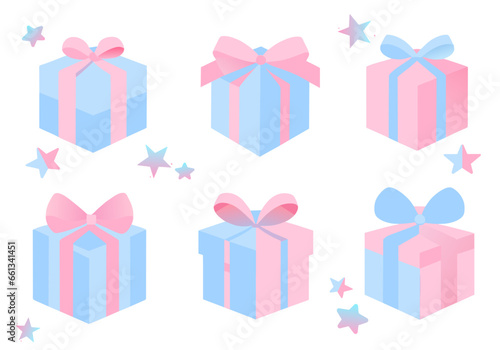Set of Gift box with bow and Pastel Soft ribbon. Surprise box. Unwrapped Prize Reward Package Special Holiday Christmas Birthday Present Graphic Element Cartoon Modern flat Pink Blue vector illustrati