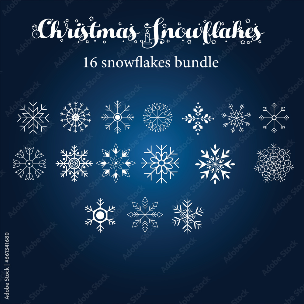 blue christmas background with snowflakes, Set white snowflake icons collection isolated on blue background.