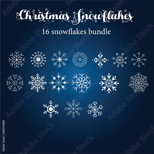 blue christmas background with snowflakes, Set white snowflake icons collection isolated on blue background.