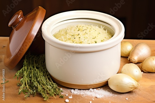 homemade sauerkraut in a stoneware fermentation crock with lid