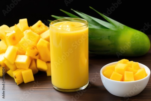 a crop of mangoes and pineapples next to an unblended smoothie