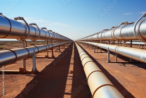 long row of pipelines at an oil refinery