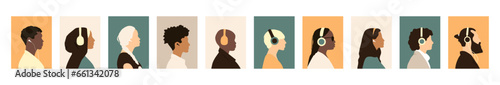 Different people with headphones. Modern color design.