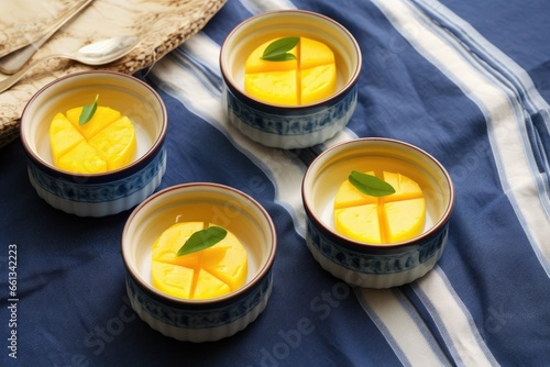 birchers with mango slices in a ceramic bowl, on a linen cloth photo