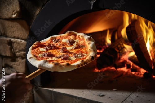 a pizza peel removing pizza from a wood-fired oven