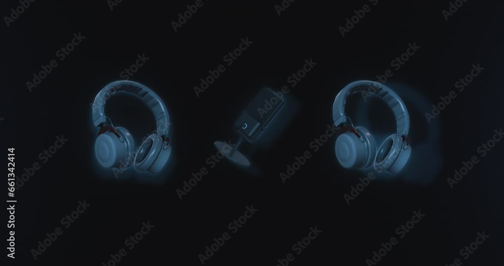 Dark background with animated headphones and microphone for streaming. Dark background with animated headphones and microphone for streaming.