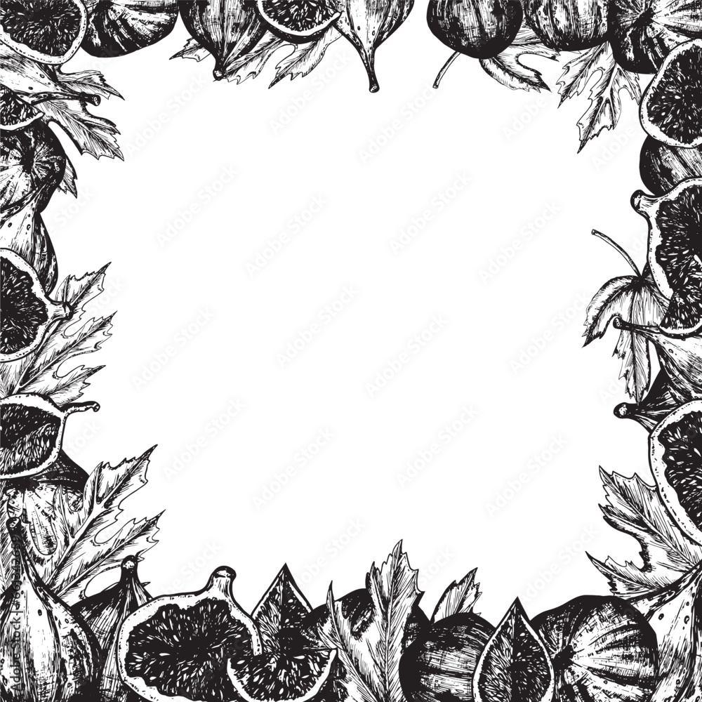 Obraz premium Hand-drawn black and white ink illustration. Square frame with fresh figs, leaves and slices. Vector