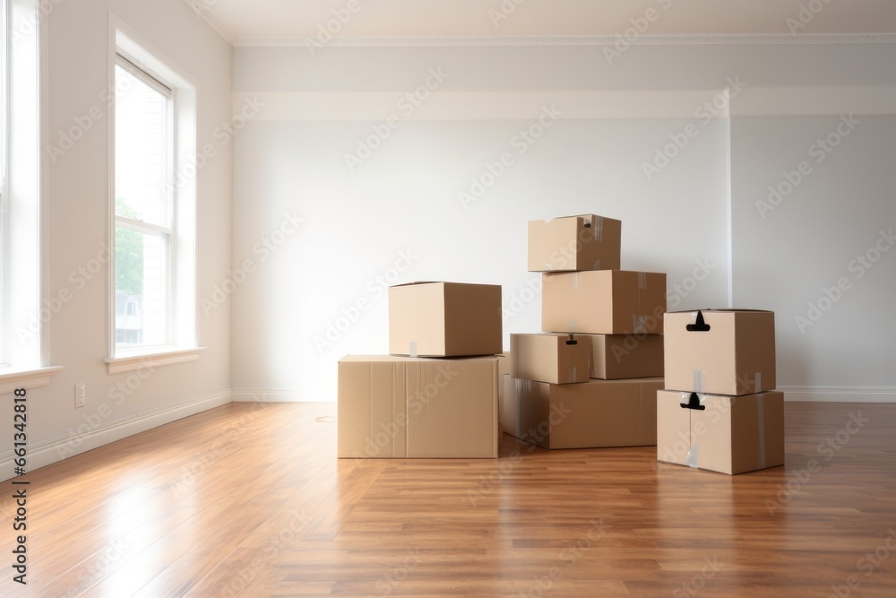 stack of moving boxes in a clean, empty room stack of moving boxes in a clean, empty room