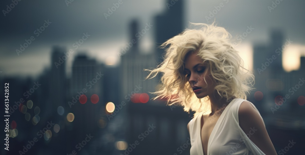 Blonde model in the city wearing sheer white silky dress, panoramic vista of bustling metropolis with high-rise buildings, late afternoon sunset, cold harsh concrete jungle versus fashion beauty.  - obrazy, fototapety, plakaty 