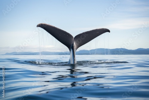 a whales tail about to slip below the waters surface