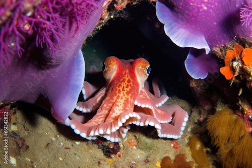 an octopus nestled in a crevice among vibrant sea plants
