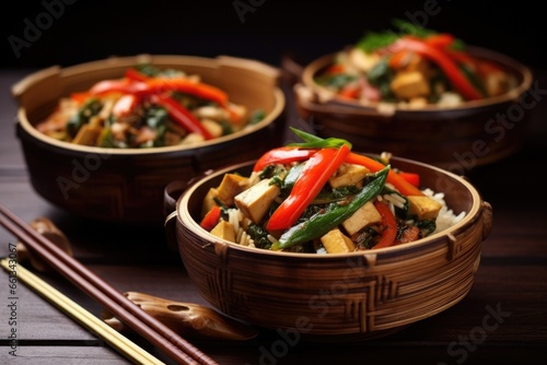 a stir-fried oriental vegan dish, served in bamboo bowls