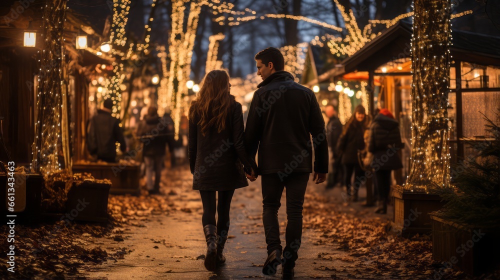 A couple walking through a christmas winter village