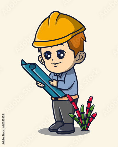 vector illustration of a building foreman holding a blueprint.