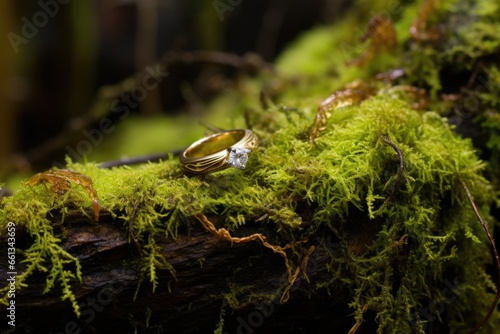 two gold wedding rings nestled in a moss-covered tree stump
