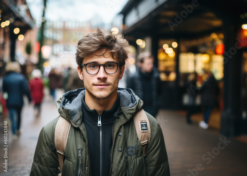 Portrait of a student with glasses standing on the street with a backpack