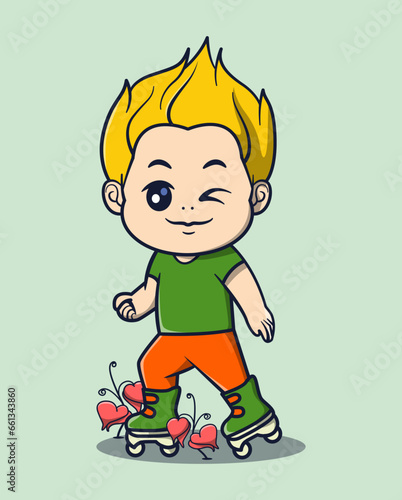 vector illustration of a yellow-haired man playing roller skating. hobby icon concept