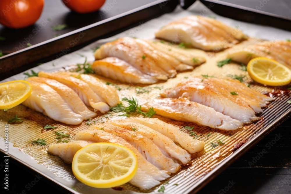 angled shot: whole cod on baking sheet with lemon cuts angled shot: whole cod on baking sheet with lemon cuts