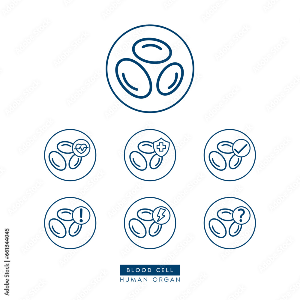 Blood cell icon simple flat outline style for health care ads or website. Icons isolated on white background. Medical human organ with exclamation check question mark, cross and thunder. Vector.