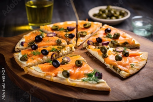salmon slices on a pizza with olive and capers photo