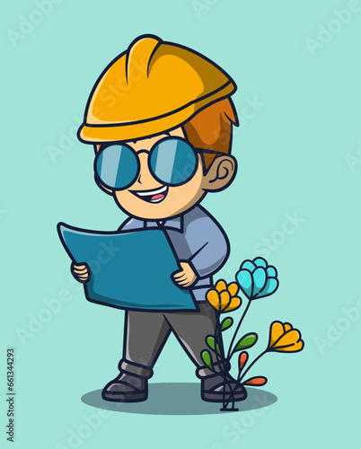 vector illustration of a building foreman in glasses looking at a blueprint.