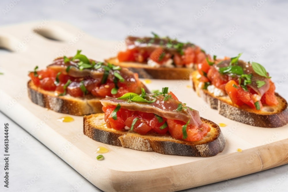 bruschetta with anchovies on a marble board