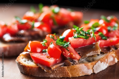 close-up view of whole anchovies on bruschetta