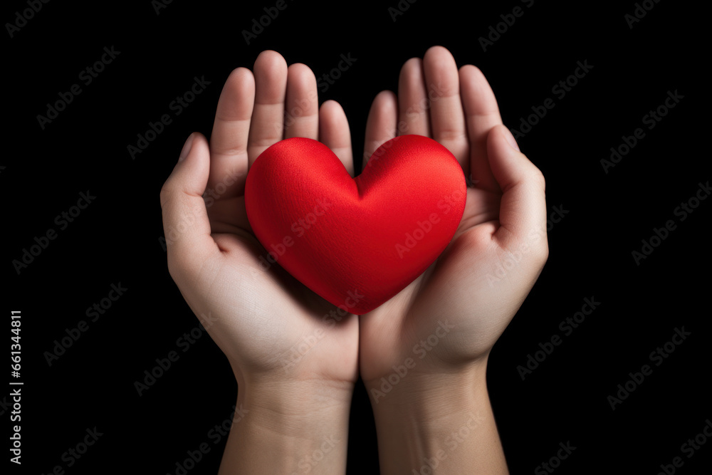 Hands tenderly holding a red heart on black background Hands tenderly holding a red heart on black background
